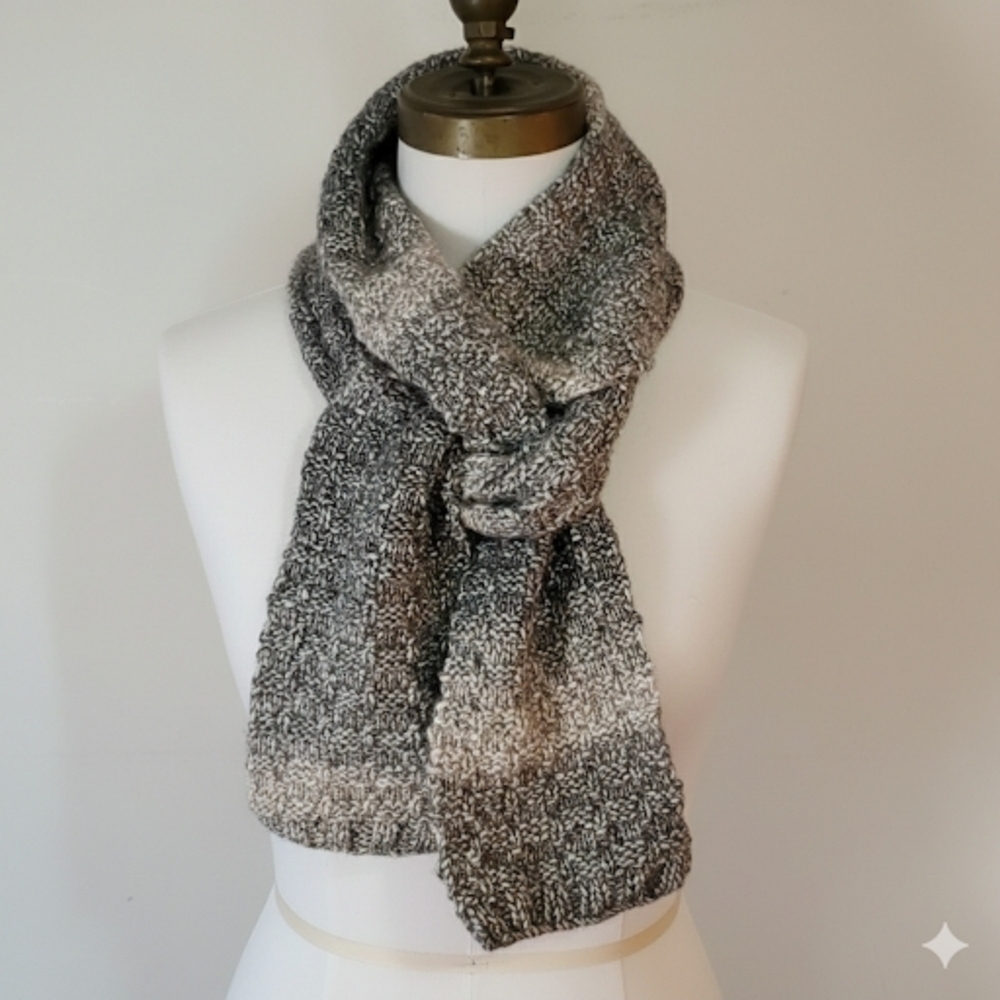 Handknit 74x5" Scarf Knit Grey Waffle Stitch Ombre Soft Skinny Long Tie Crochet